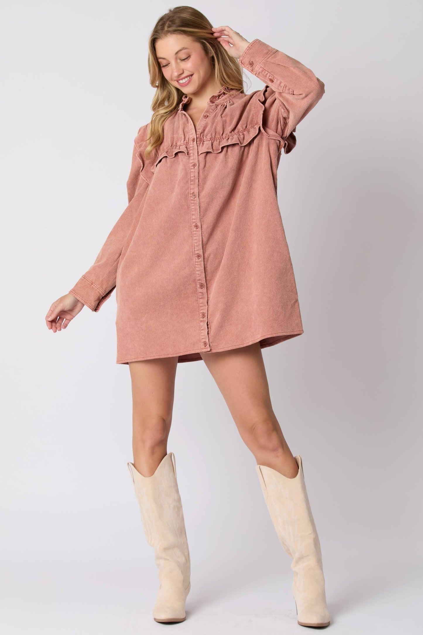 Mineral Washed Corduroy Ruffle Detail Dress - Preorders