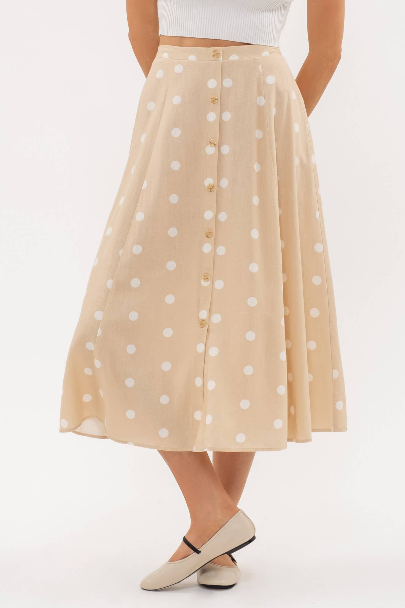 POLKA DOT BUTTON DOWN MIDI SKIRT