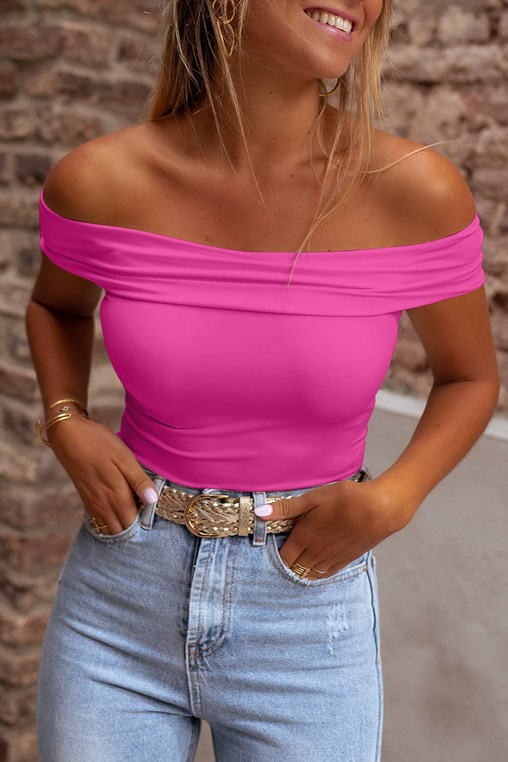 Solid Colo Folded Off Shoulder Slim Top