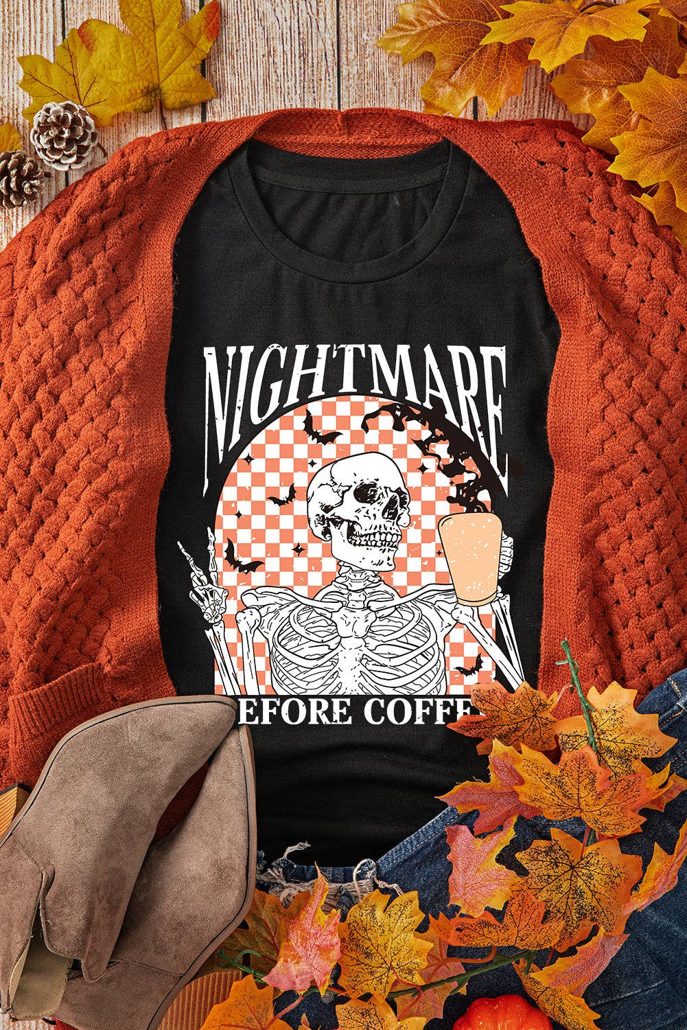 Black Coffee Skull Checkerboard Graphic Halloween Tee