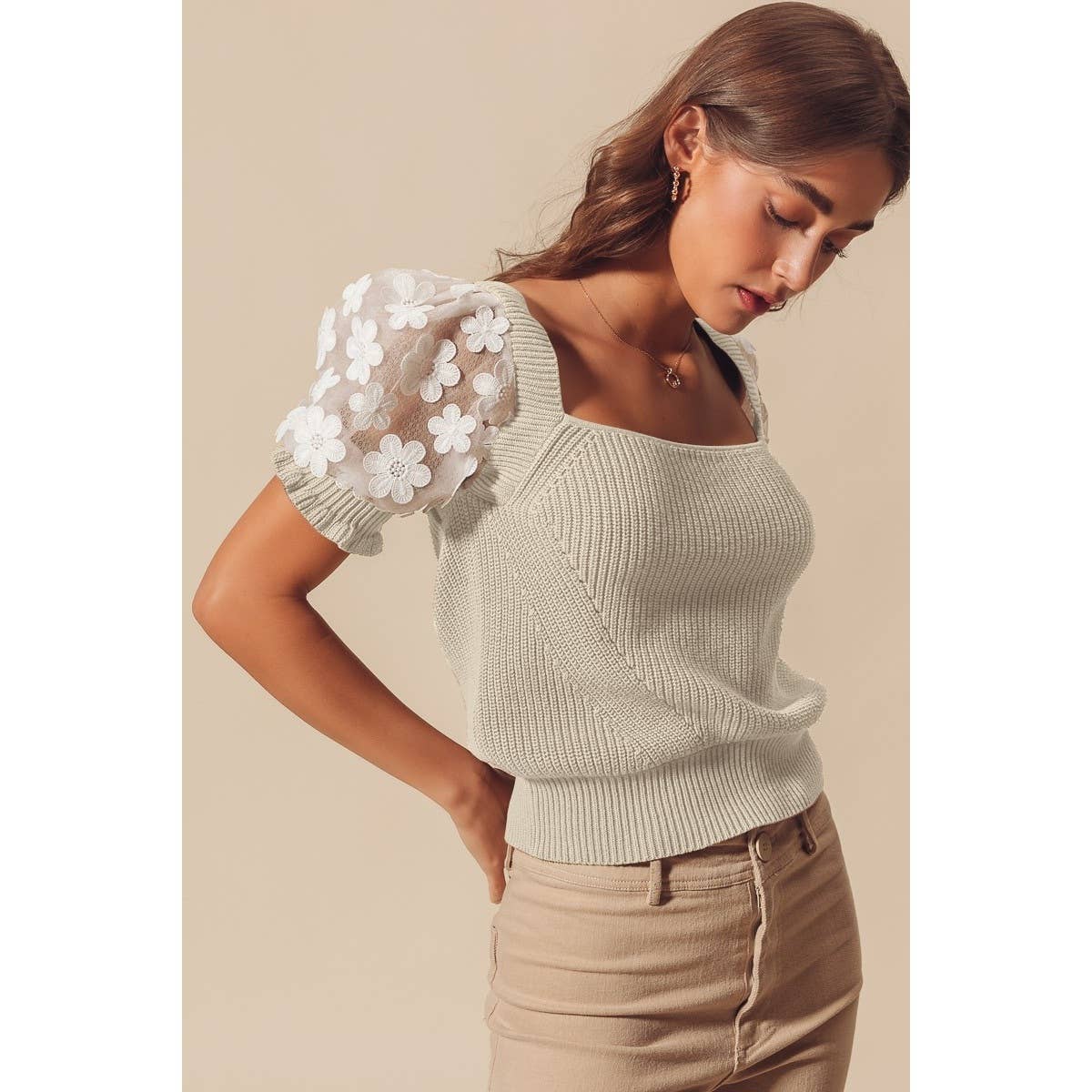 FLORAL LACE PUFF SLEEVE SQUARE NECK KNIT SWEATER