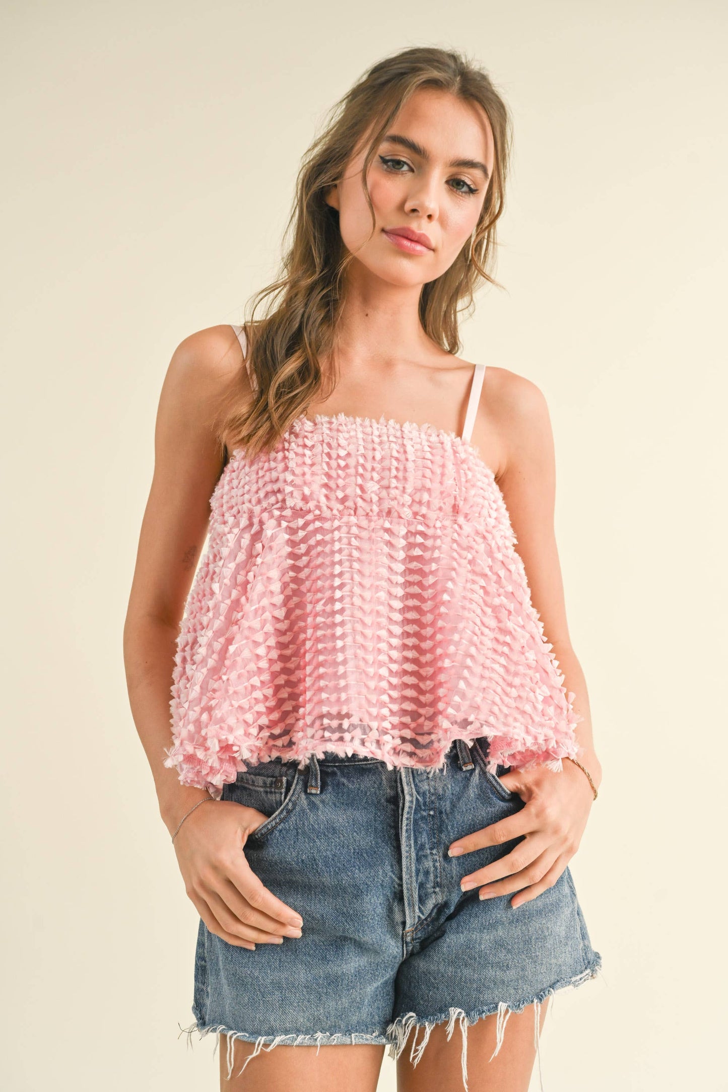 IT3460 TEXTURED SPAGHETTI STRAP BABY DOLL TOP