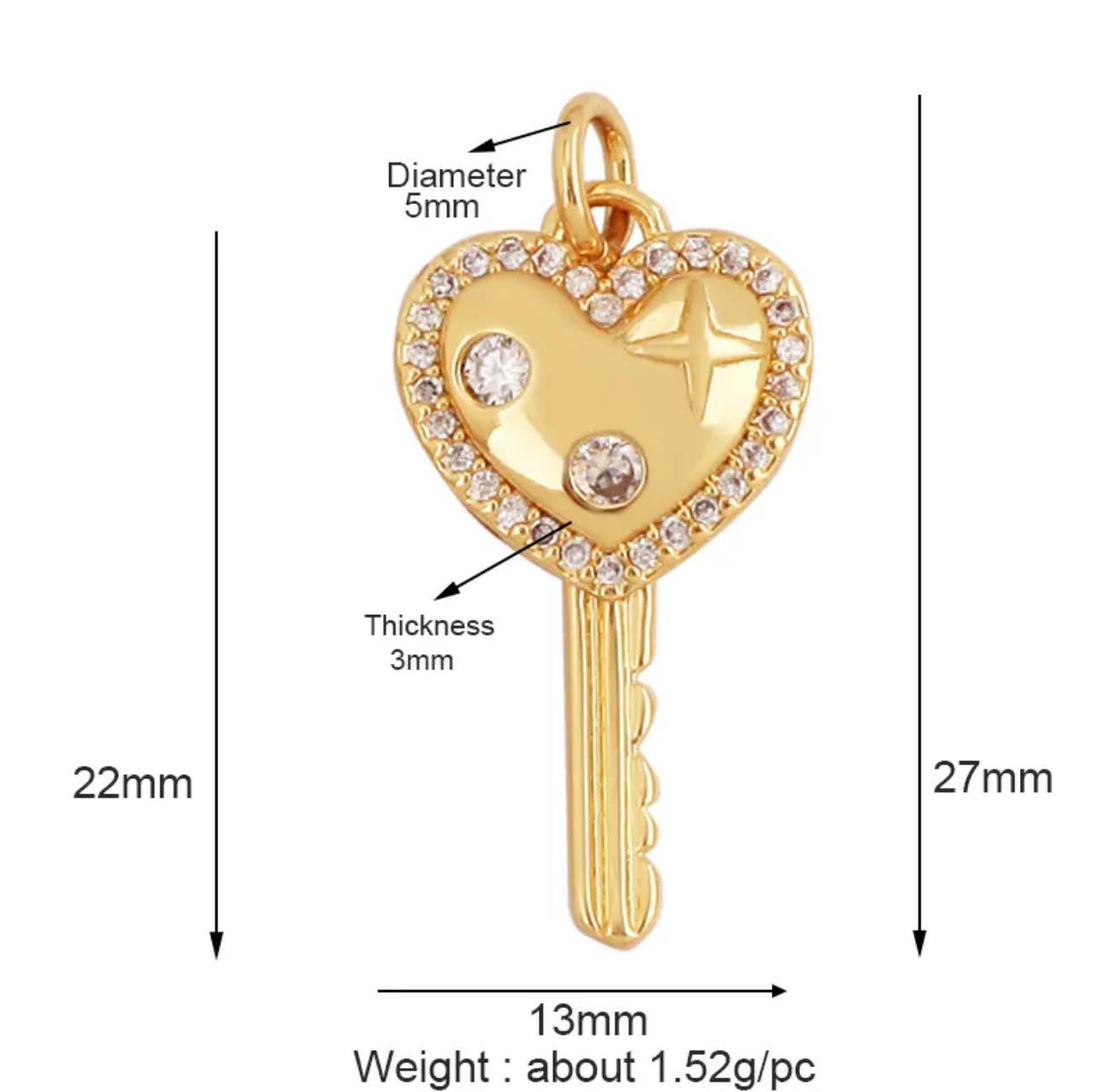 Pave Heart Key Charm For Charm Bar & Charm Necklace