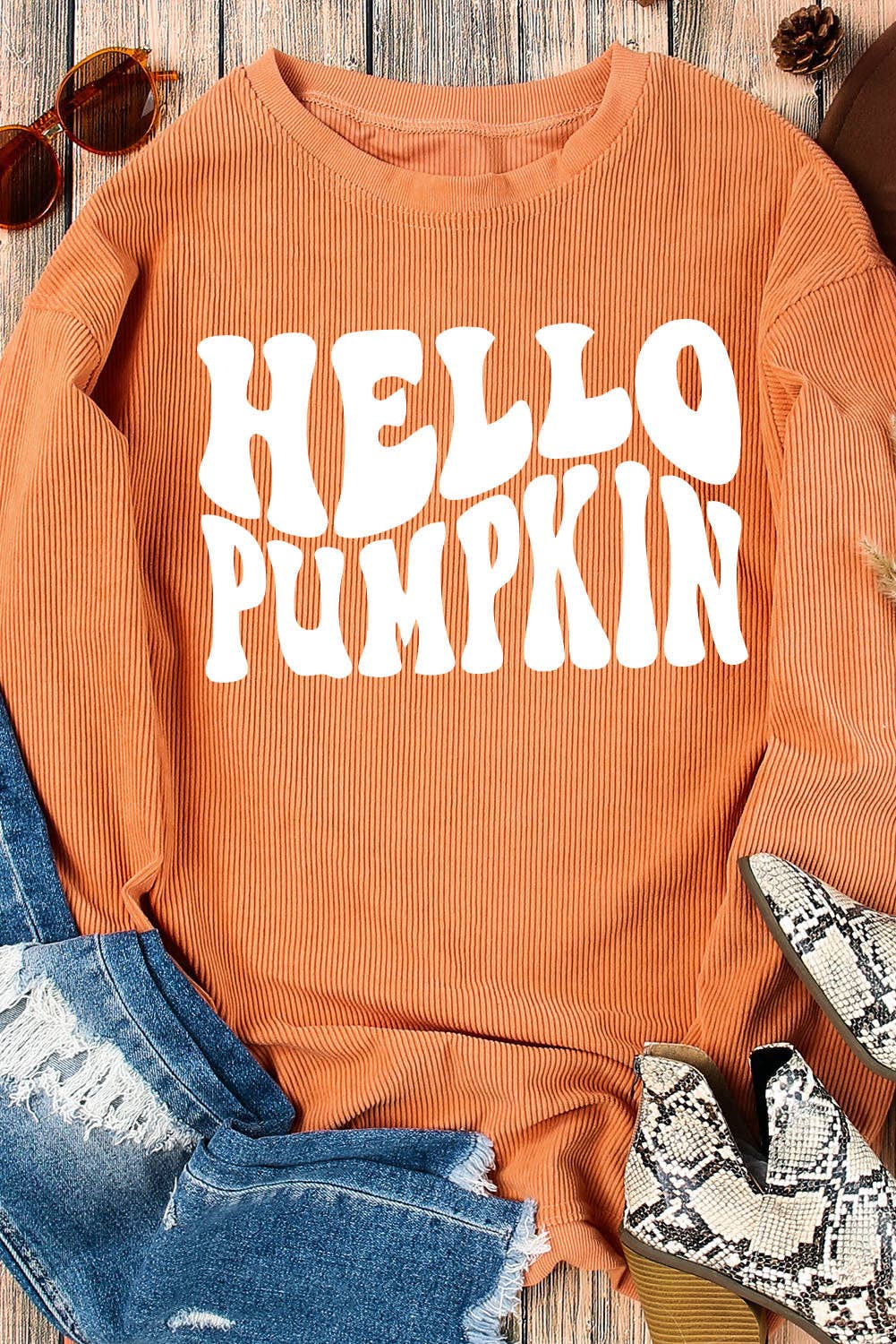 Orange HELLO PUMPKIN Letter Graphic Corded Sweatshirt