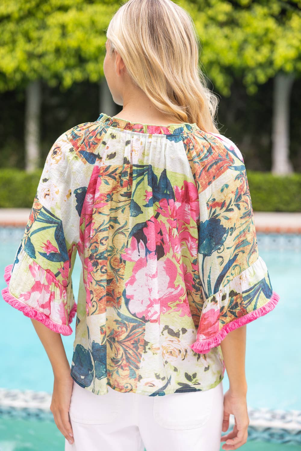 Tassle Front and Fringe Wide Sleeve Floral Top