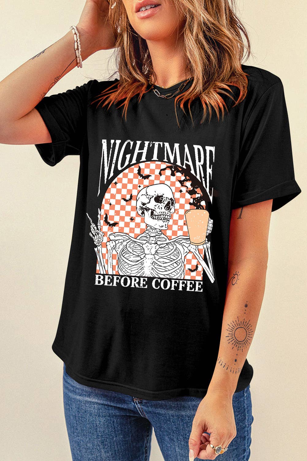 Black Coffee Skull Checkerboard Graphic Halloween Tee