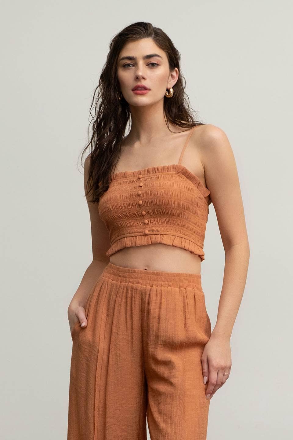 SMOCKED BUTTON DOWN SLEEVELESS CROP TOP