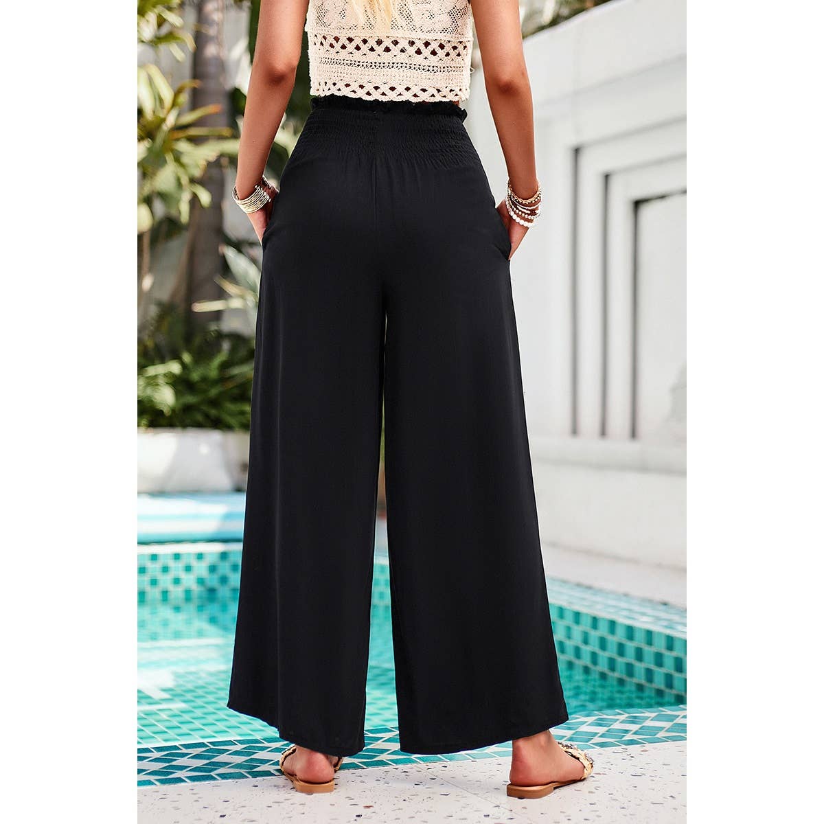 High Elastic Waist Wide Straight Leg Pockets Pants