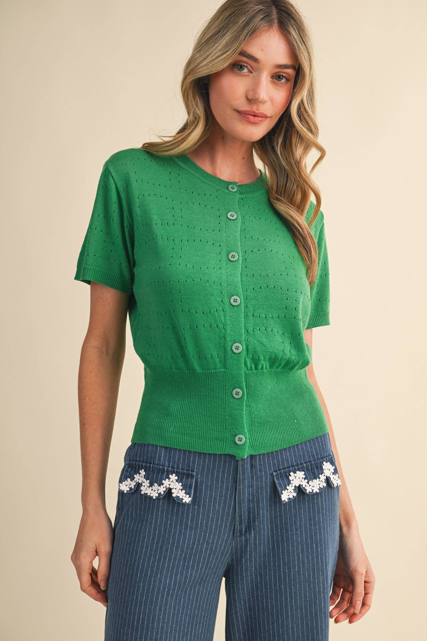 POINTELLE KNIT SHORT SLEEVE SWEATER CARDIGAN MSW11333