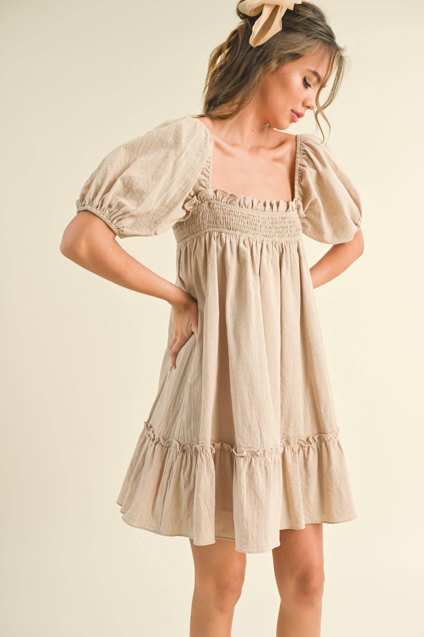 ID7048 PUFF SLEEVE SMOCKING BABY DOLL DRESS