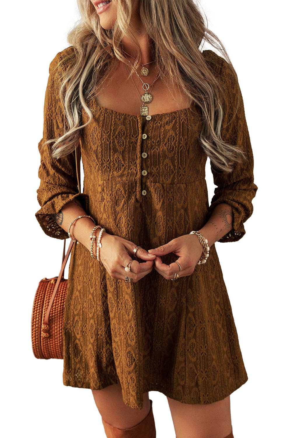 Lace Crochet Buttoned Square Mini Dress