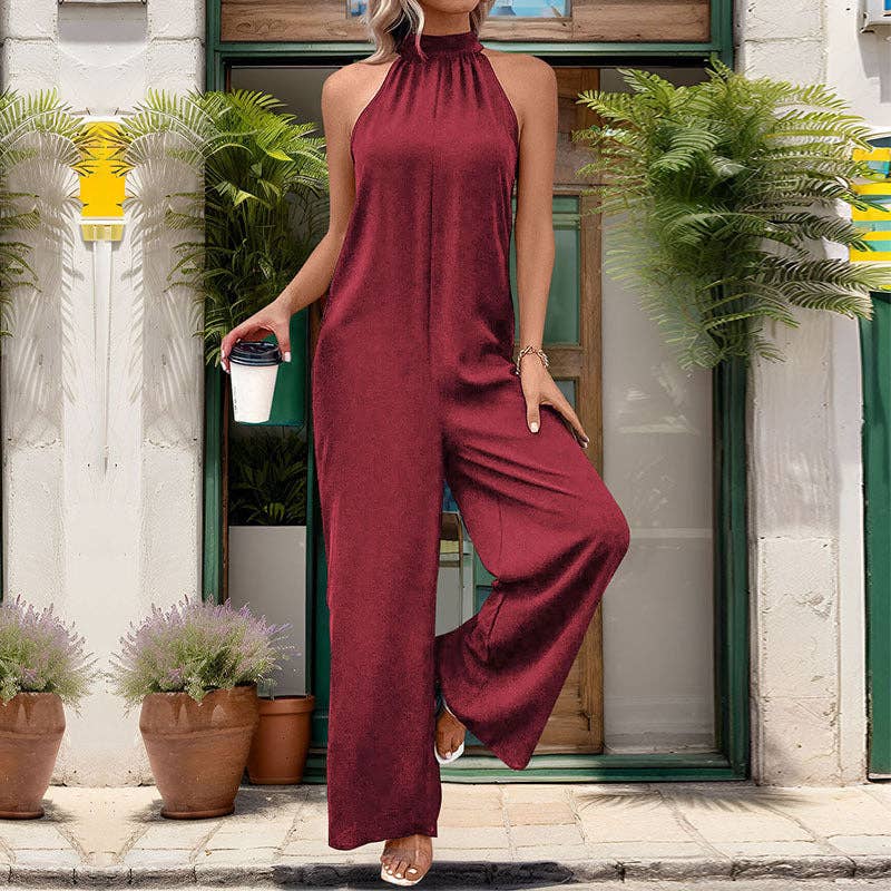 Women's Neck Solid Color Straight Jumpsuit