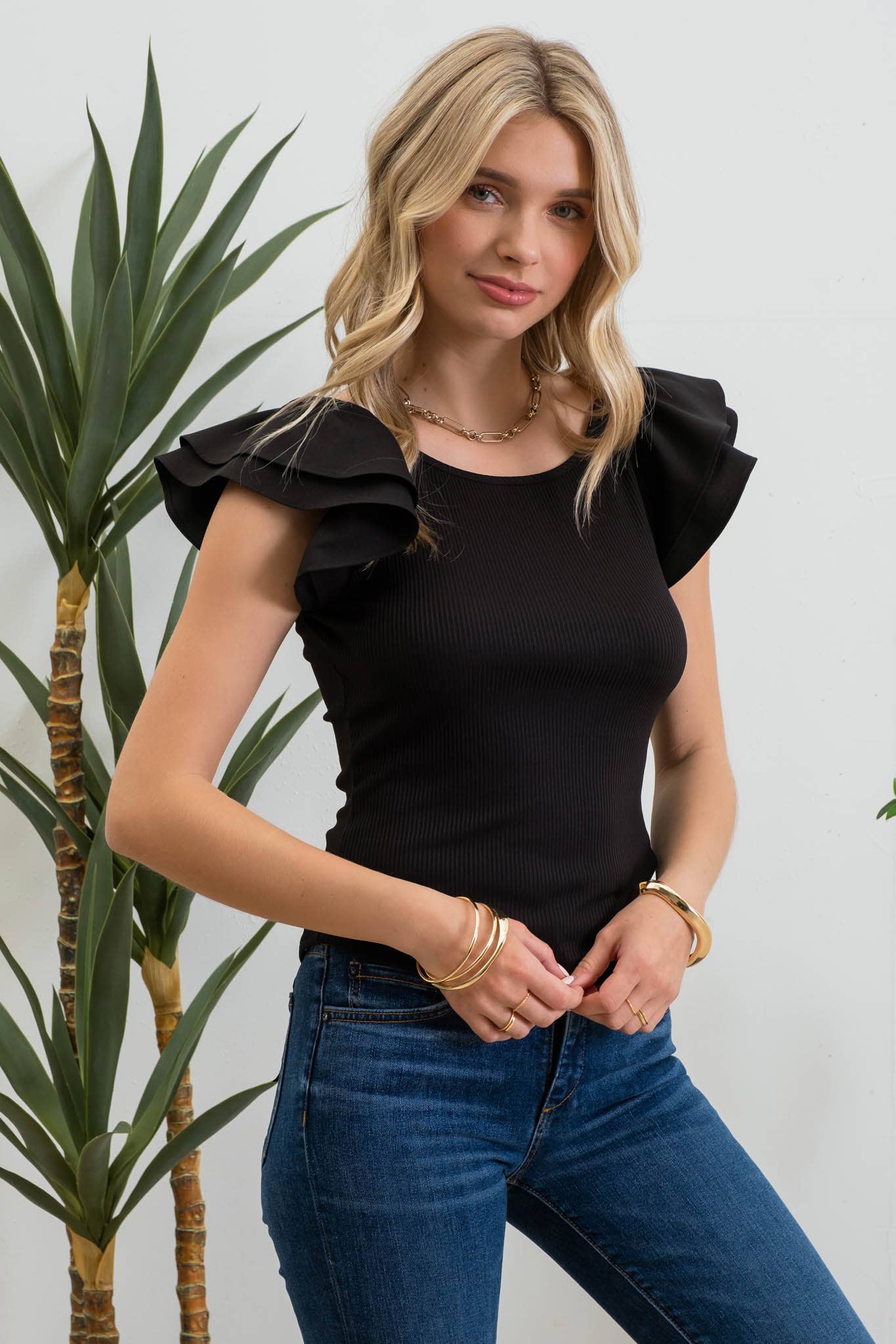 DOUBLE RUFFLE SLEEVE RIBBED KNIT TOP