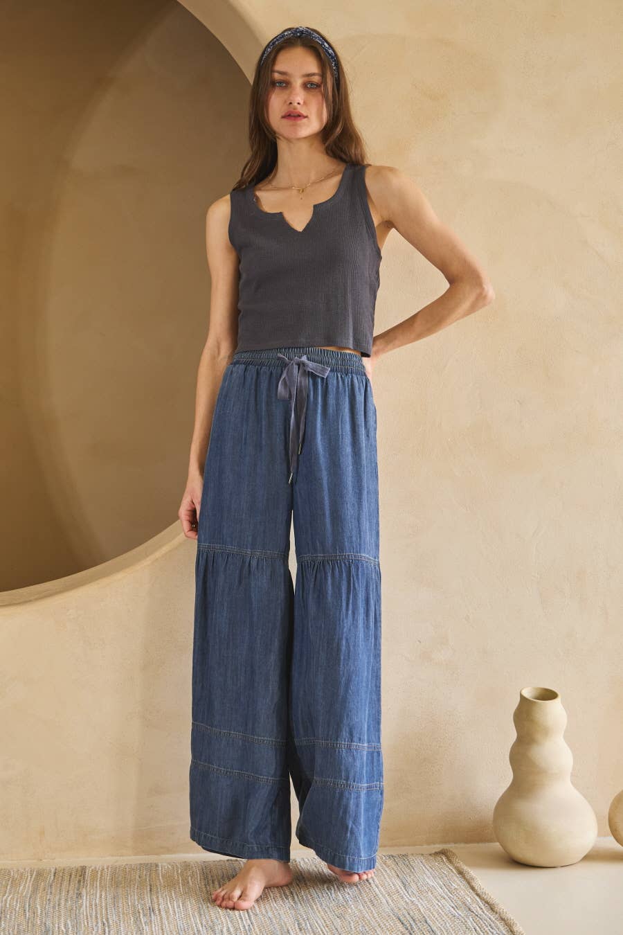 Washed Denim Tiered Wide Leg Pants: Washed Dark Chambray / S