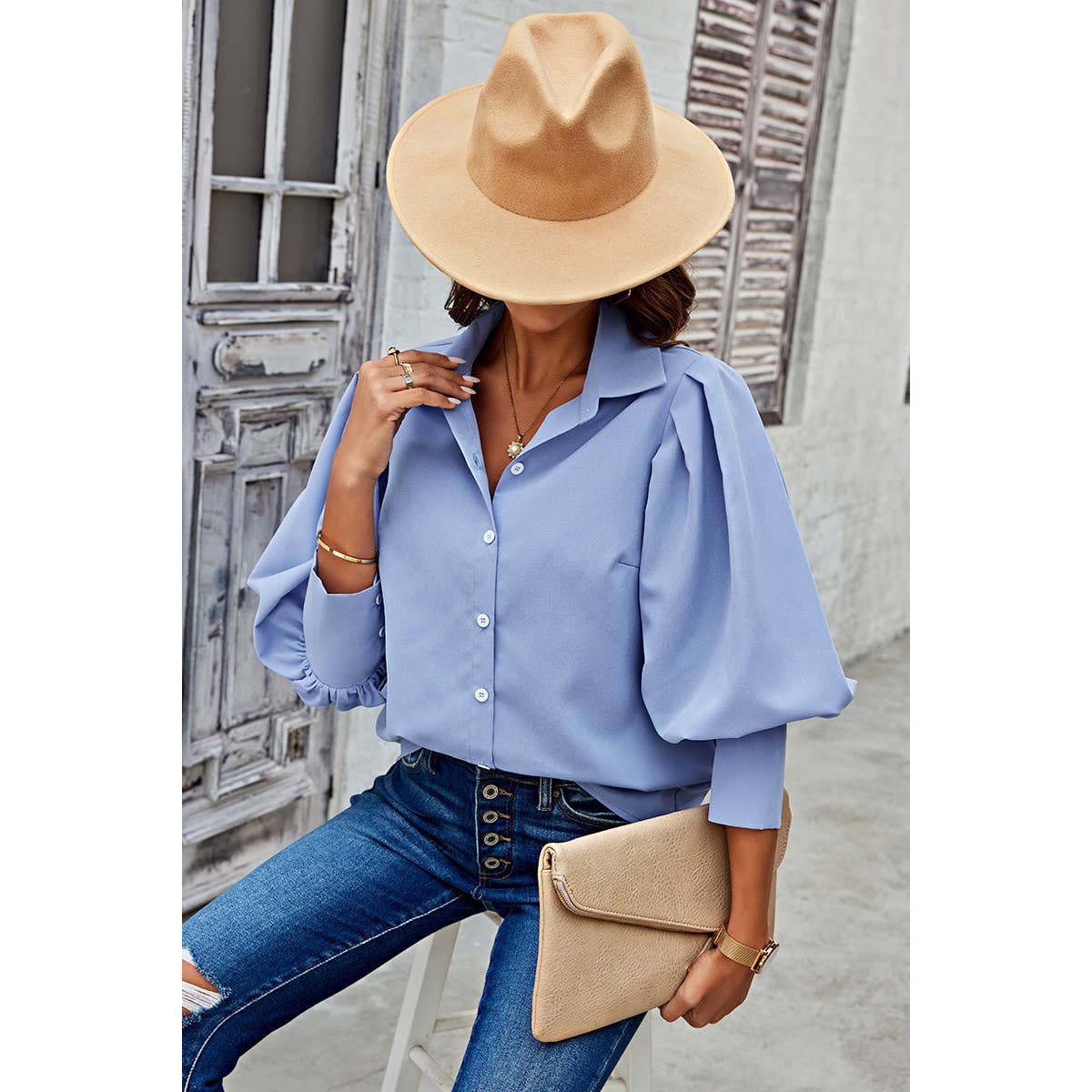 Puff Wide Sleeves Button Up Loose Fit Blouse