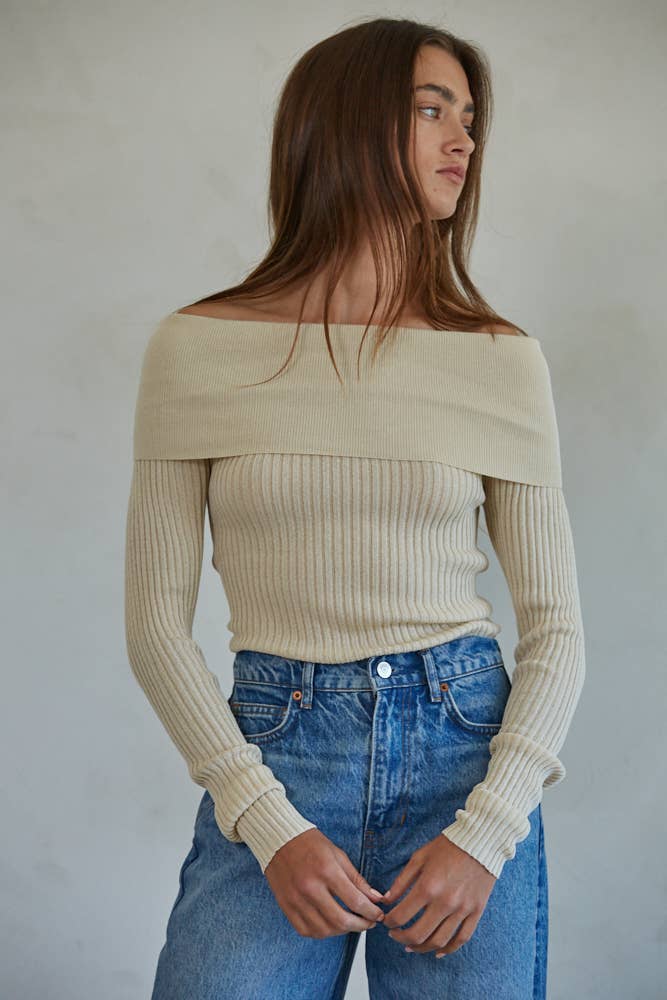 W1695 | Knit Sweater Ribbed Foldover Off The Shoulder Top