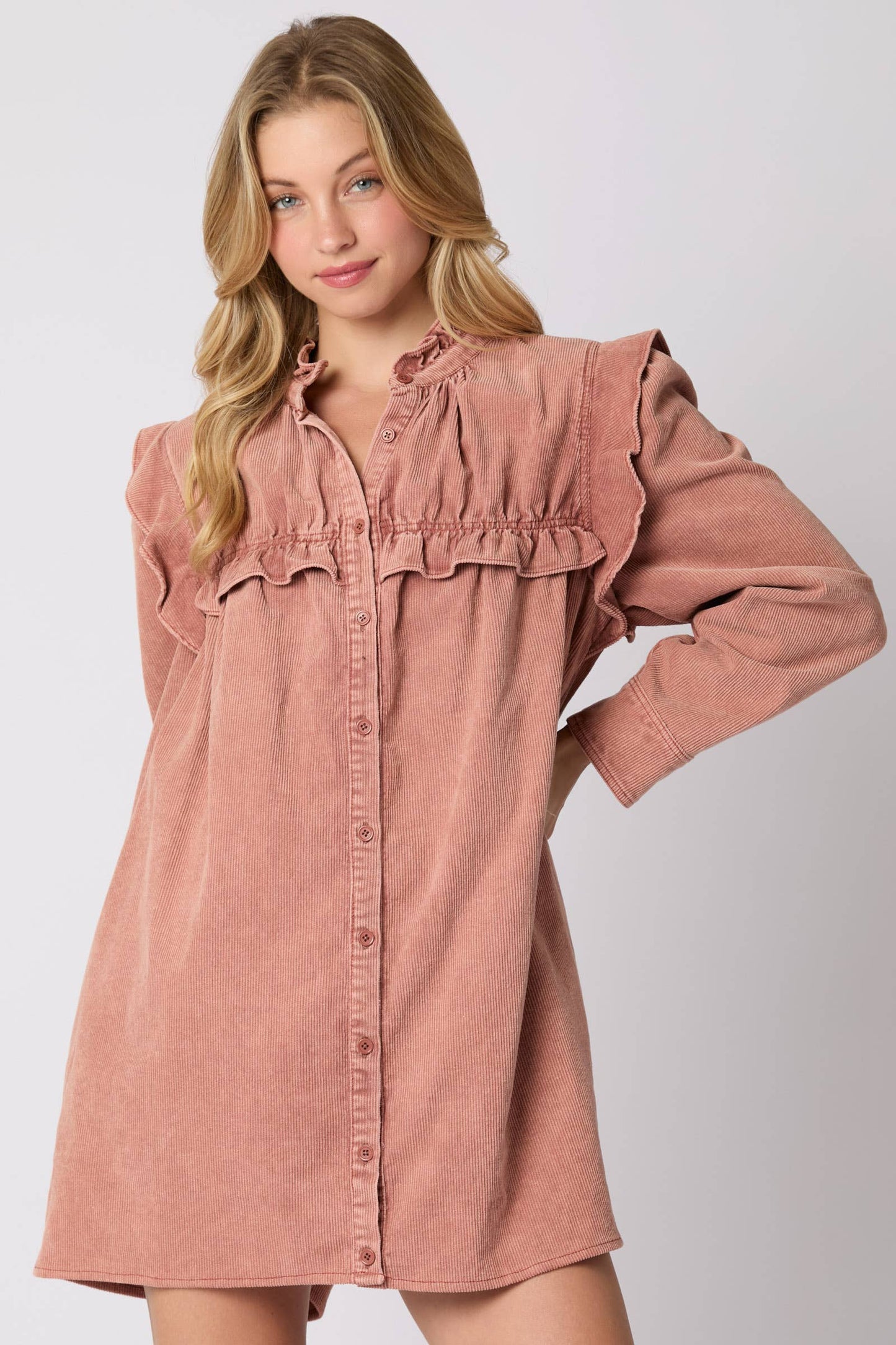 Mineral Washed Corduroy Ruffle Detail Dress - Preorders