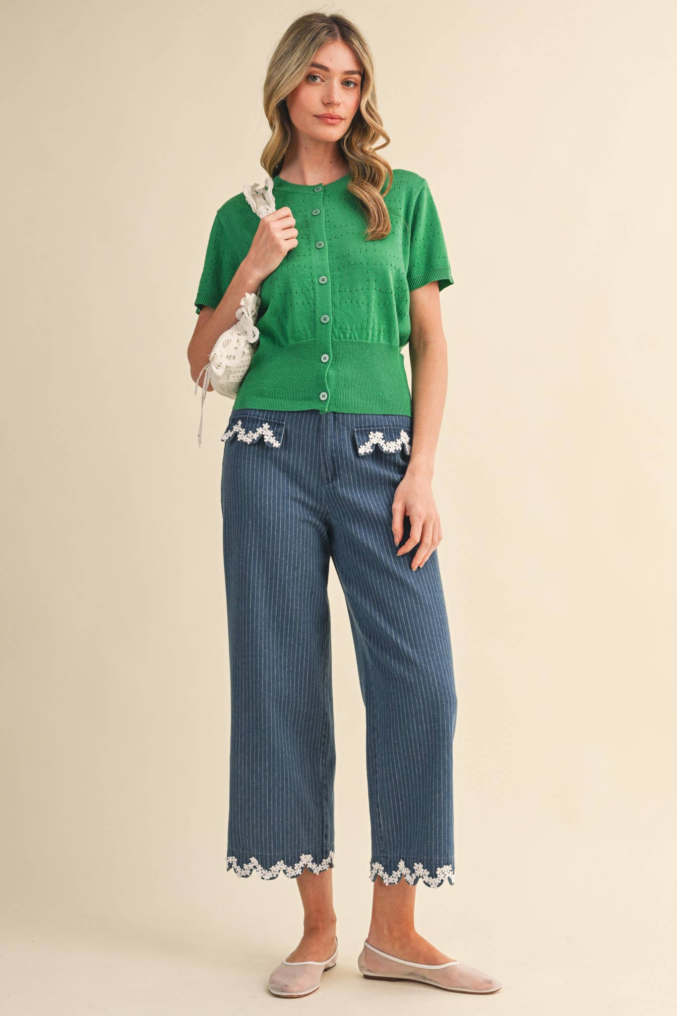 POINTELLE KNIT SHORT SLEEVE SWEATER CARDIGAN MSW11333