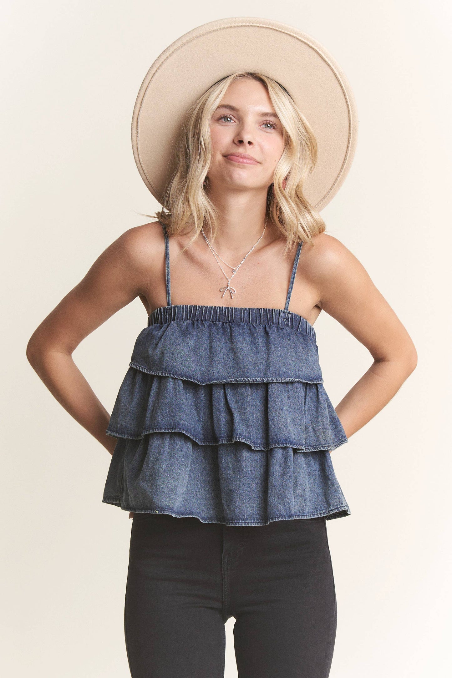 LET3696- WASHED DENIM LAYERED BABYDOLL TANK TOP