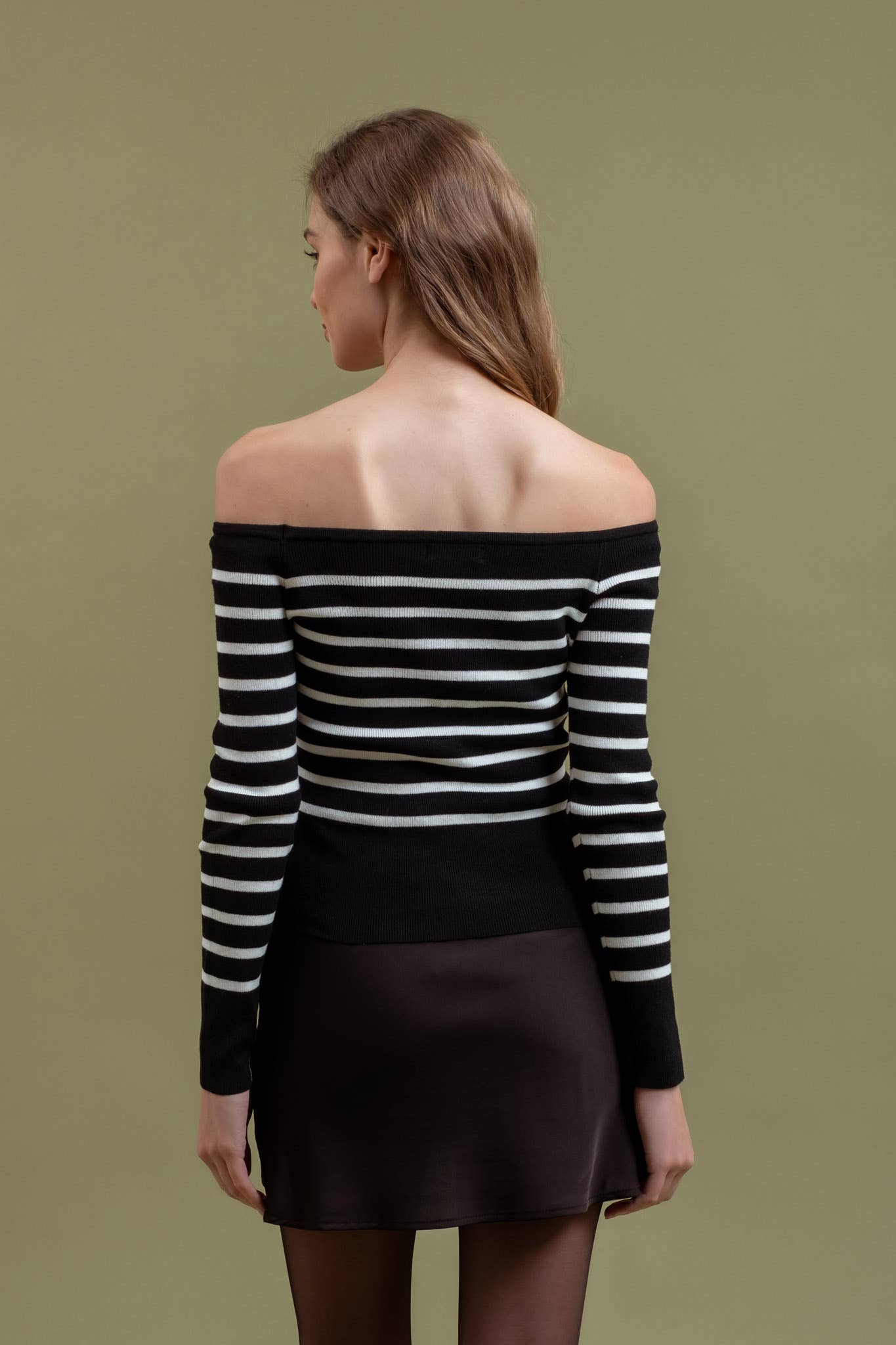 STRIPE OFF THE SHOULDER LONG SLEEVE KNIT SWEATER