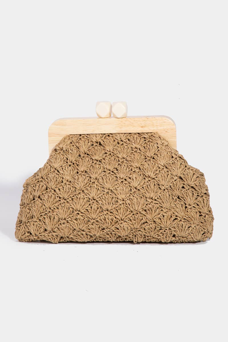 Straw Braided Wooden Frame Cluch Bag