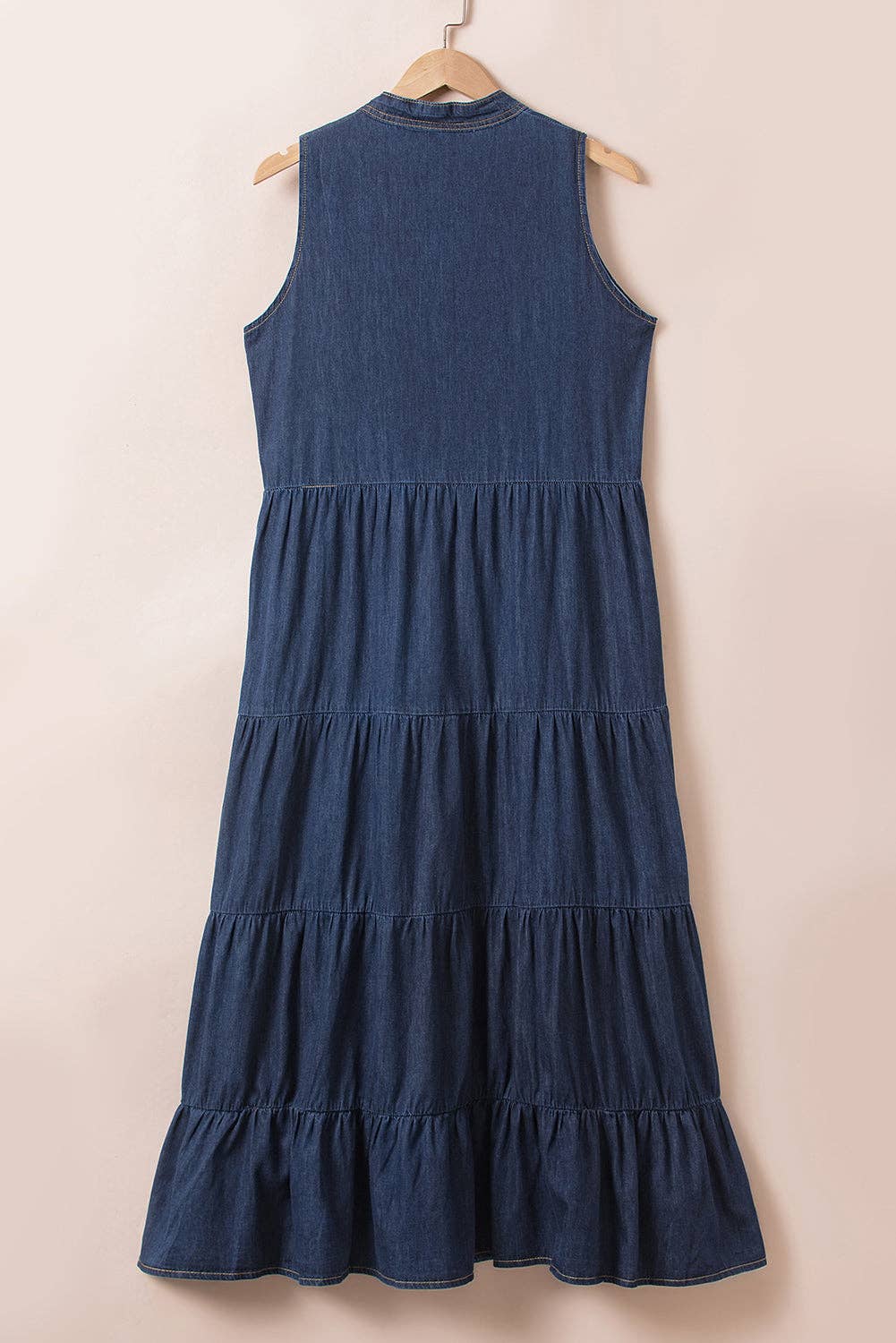 Solid Color Sleeveless Tiered Chambray Maxi Dress