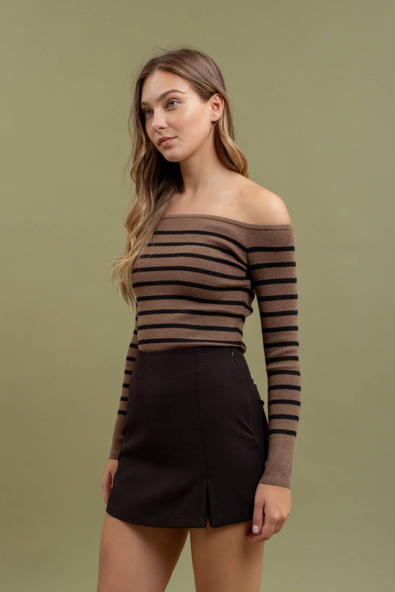 STRIPE OFF THE SHOULDER LONG SLEEVE KNIT SWEATER