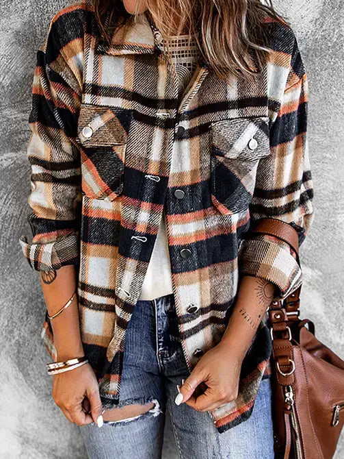 Blue Casual Geometric Plaid Print Pocketed Shacket