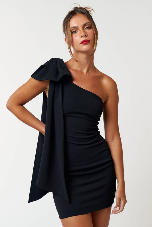 BD20210 ONE SHOULDER DRESS WITH OVERSIZED RIBBON