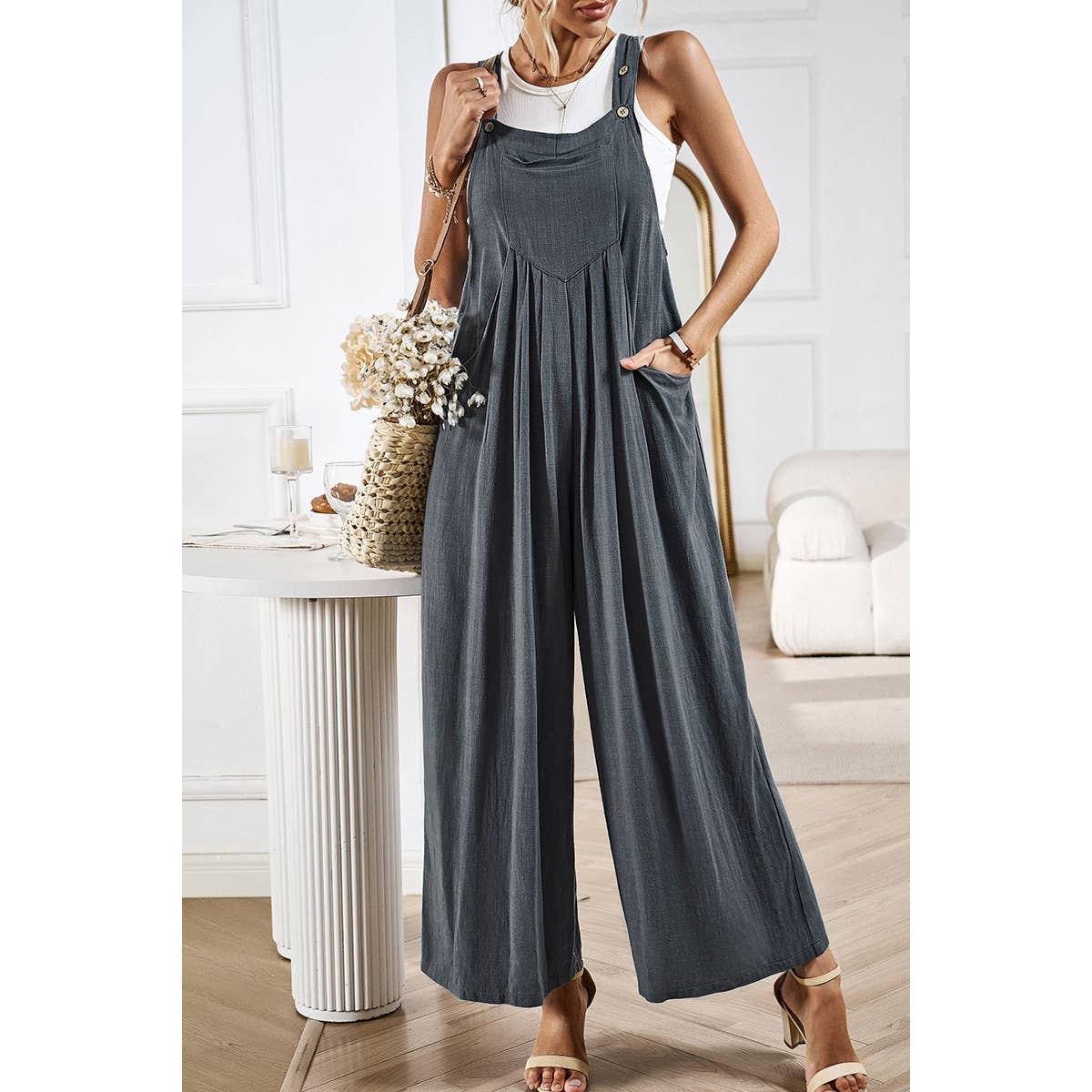 Solid Wide Leg Pocketed Shoulder Tie Overalls