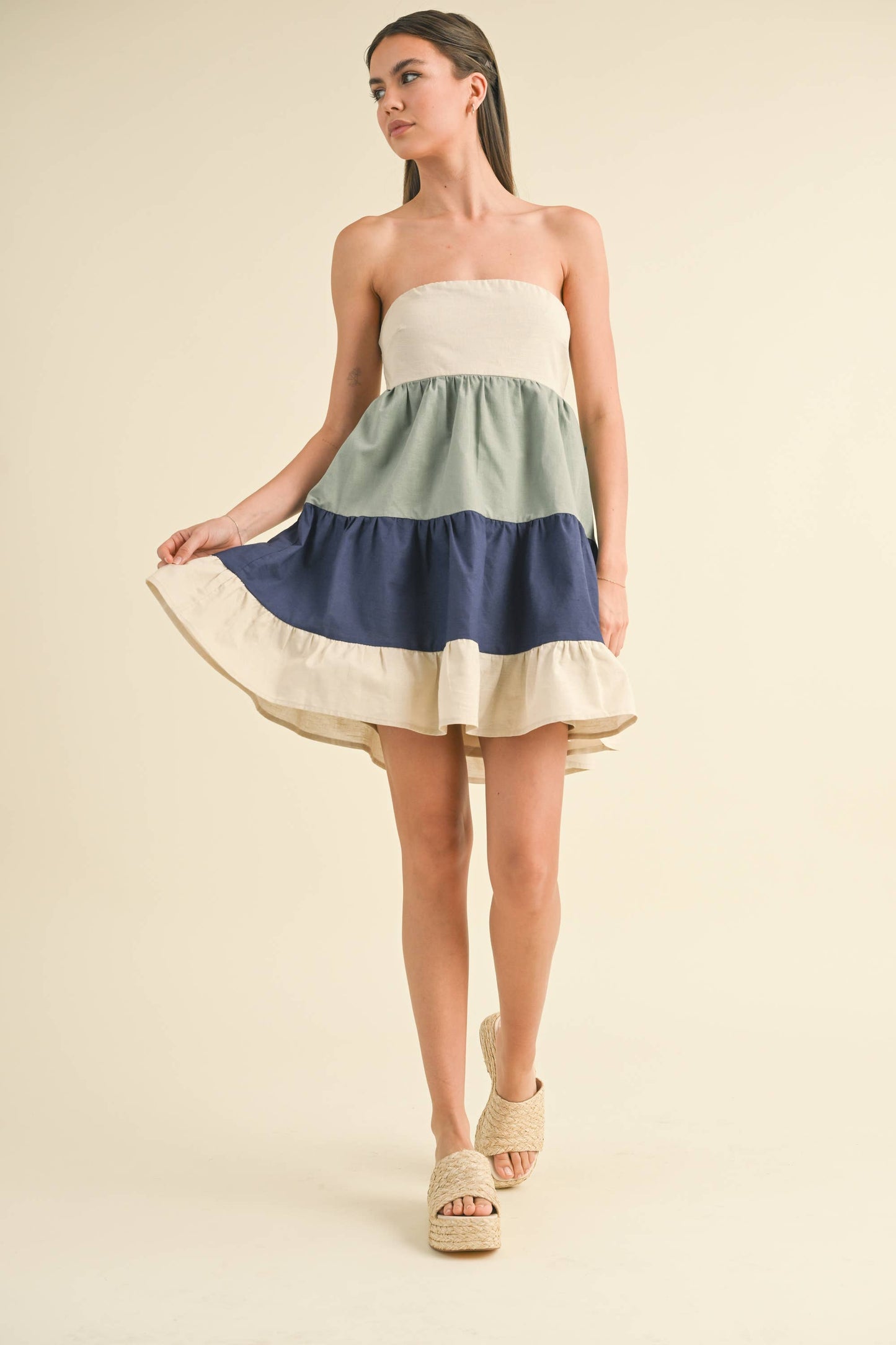 ID8180 POPLIN COLORBLOCK TUBE MINI DRESS WITH SMOCKING