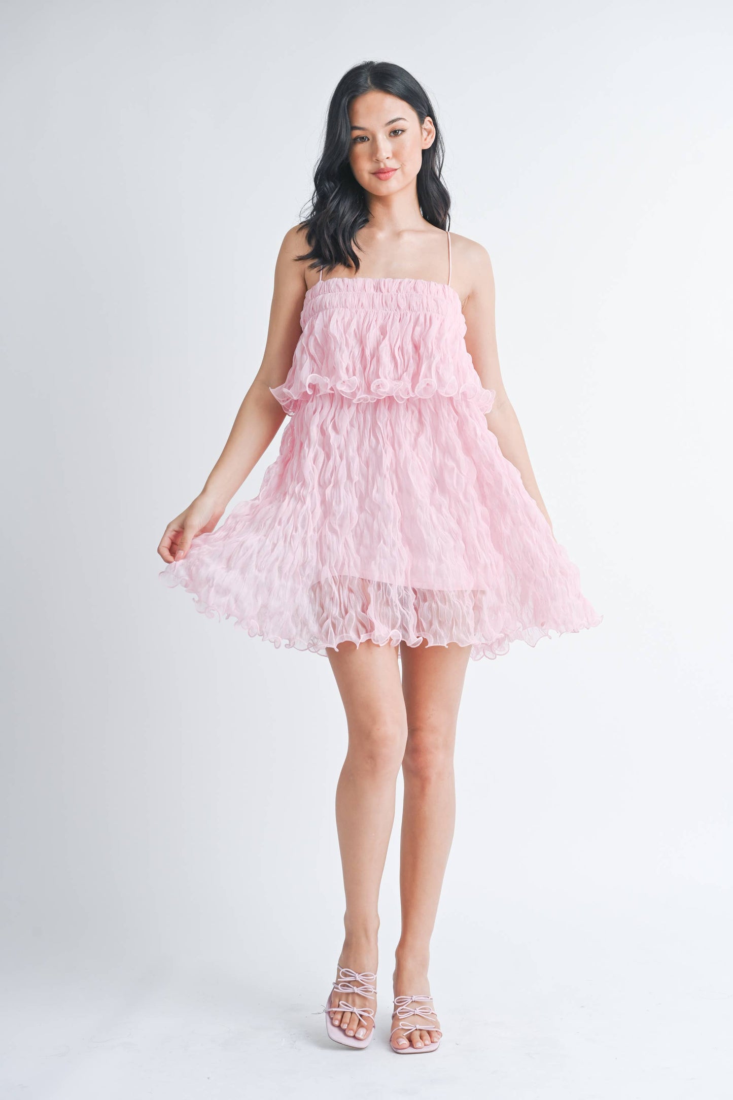 ID7877 PLEATED TULLE RUFFLED TIERED MINI DRESS