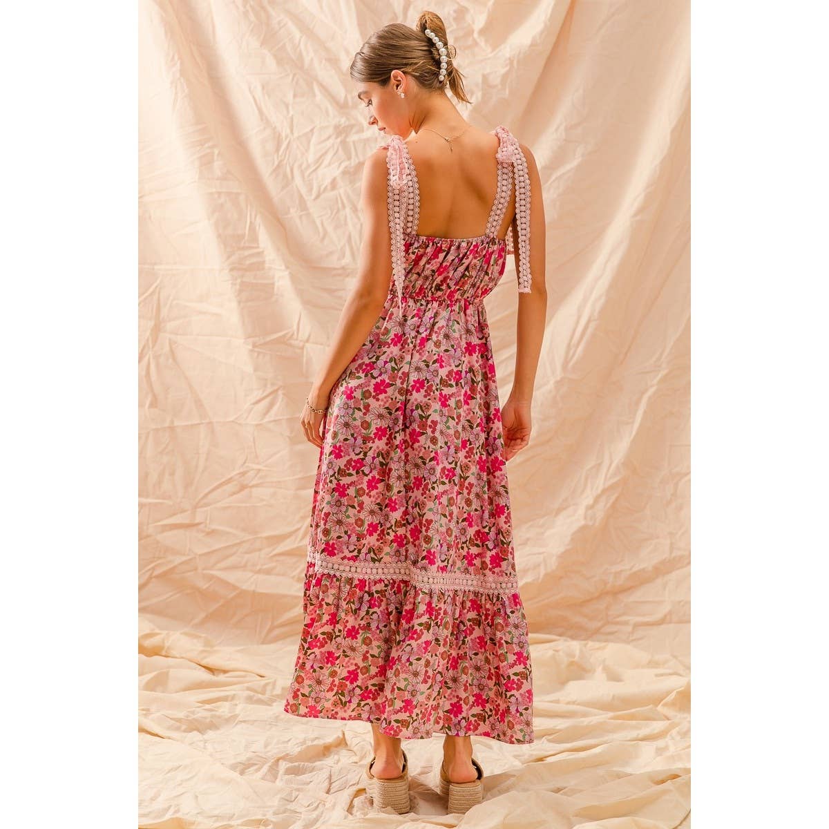 FLORAL MAXI DRESS WITH RIBBON TIE LACE STRAP