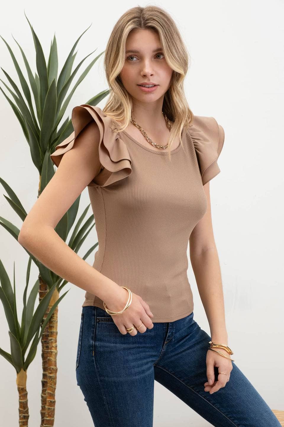 DOUBLE RUFFLE SLEEVE RIBBED KNIT TOP