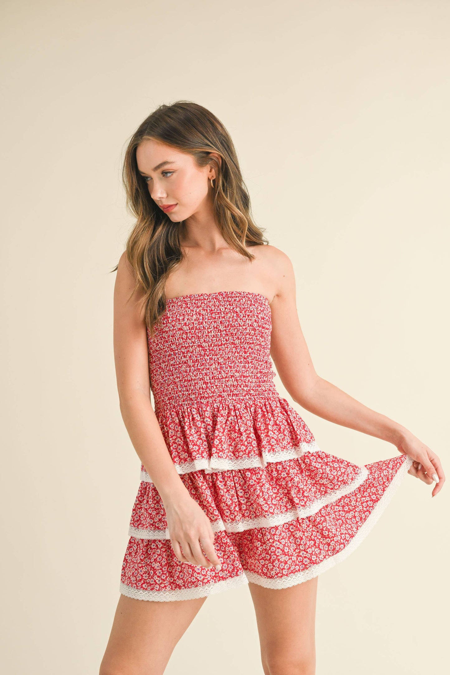 FLORAL PRINTED TUBE SMOCKING TIERED RUFFLED ROMPER