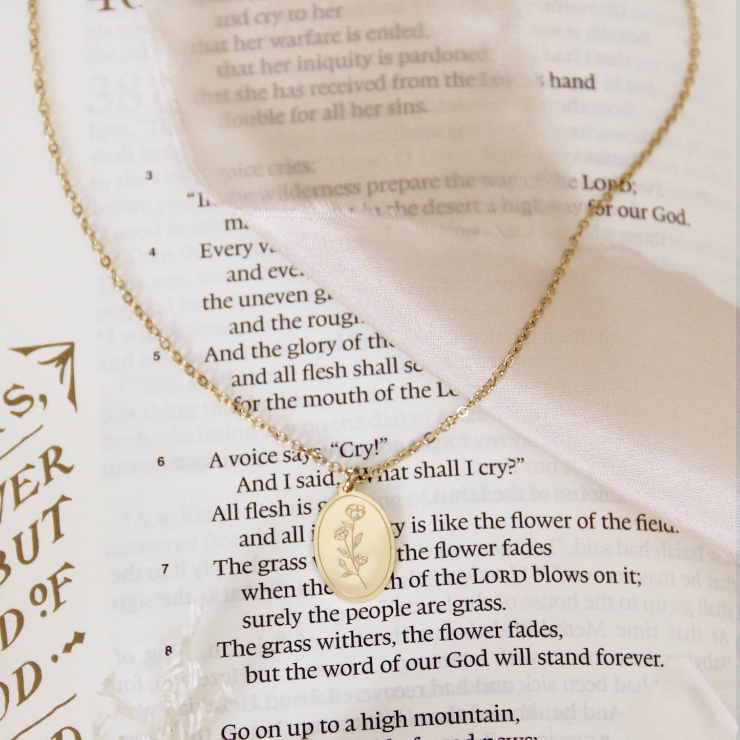 Flower Necklace, Isaiah 40:8 Necklace