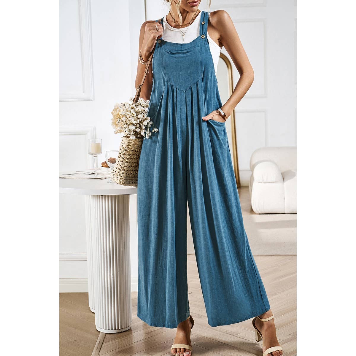 Solid Wide Leg Pocketed Shoulder Tie Overalls