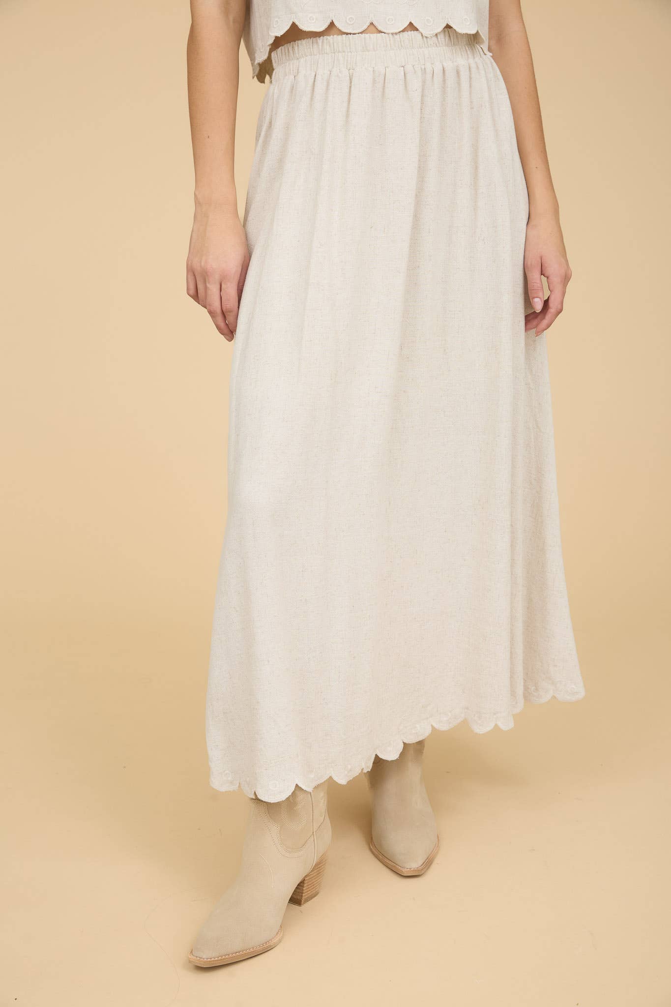 HIGH WAIST SCALLOP HEM MIDI SKIRT (PRE-ORDER)
