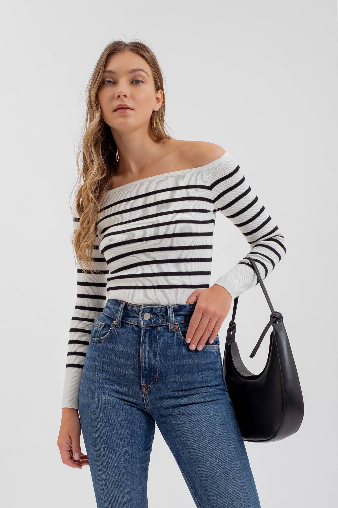 STRIPE OFF THE SHOULDER LONG SLEEVE KNIT SWEATER