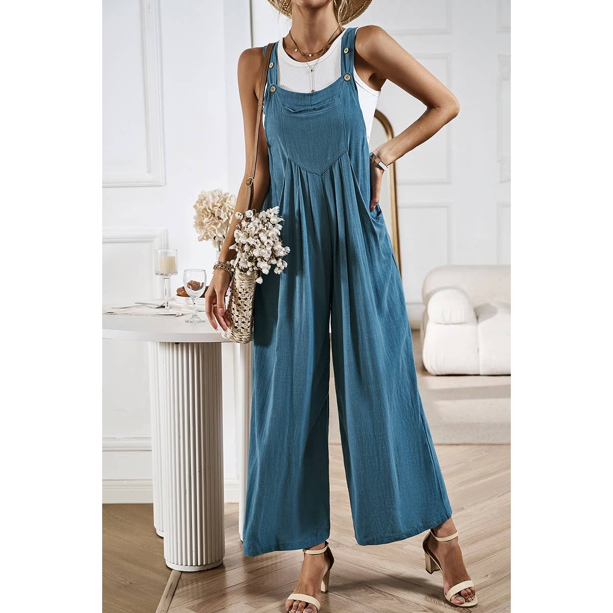 Solid Wide Leg Pocketed Shoulder Tie Overalls