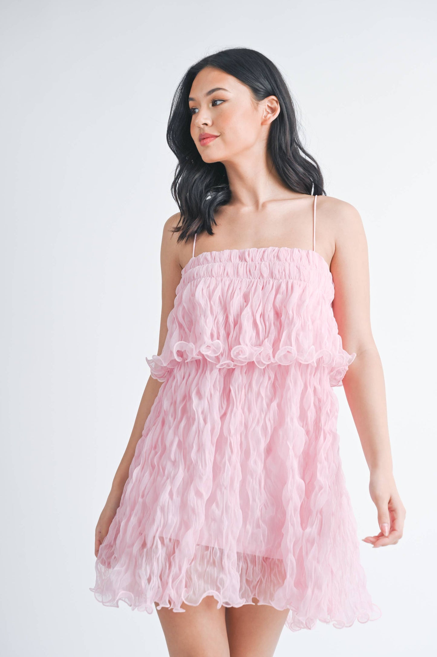 ID7877 PLEATED TULLE RUFFLED TIERED MINI DRESS