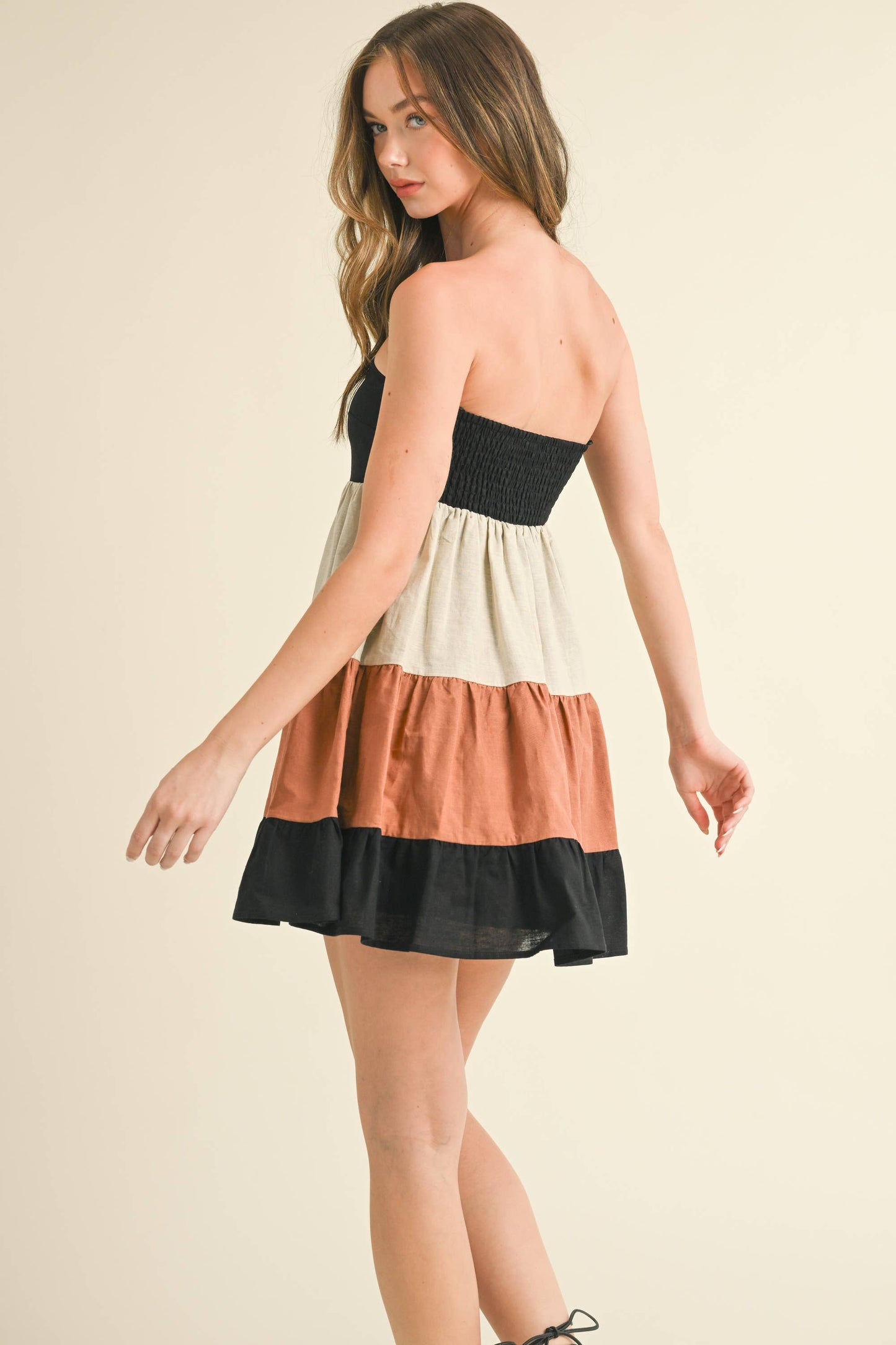 ID8180 POPLIN COLORBLOCK TUBE MINI DRESS WITH SMOCKING