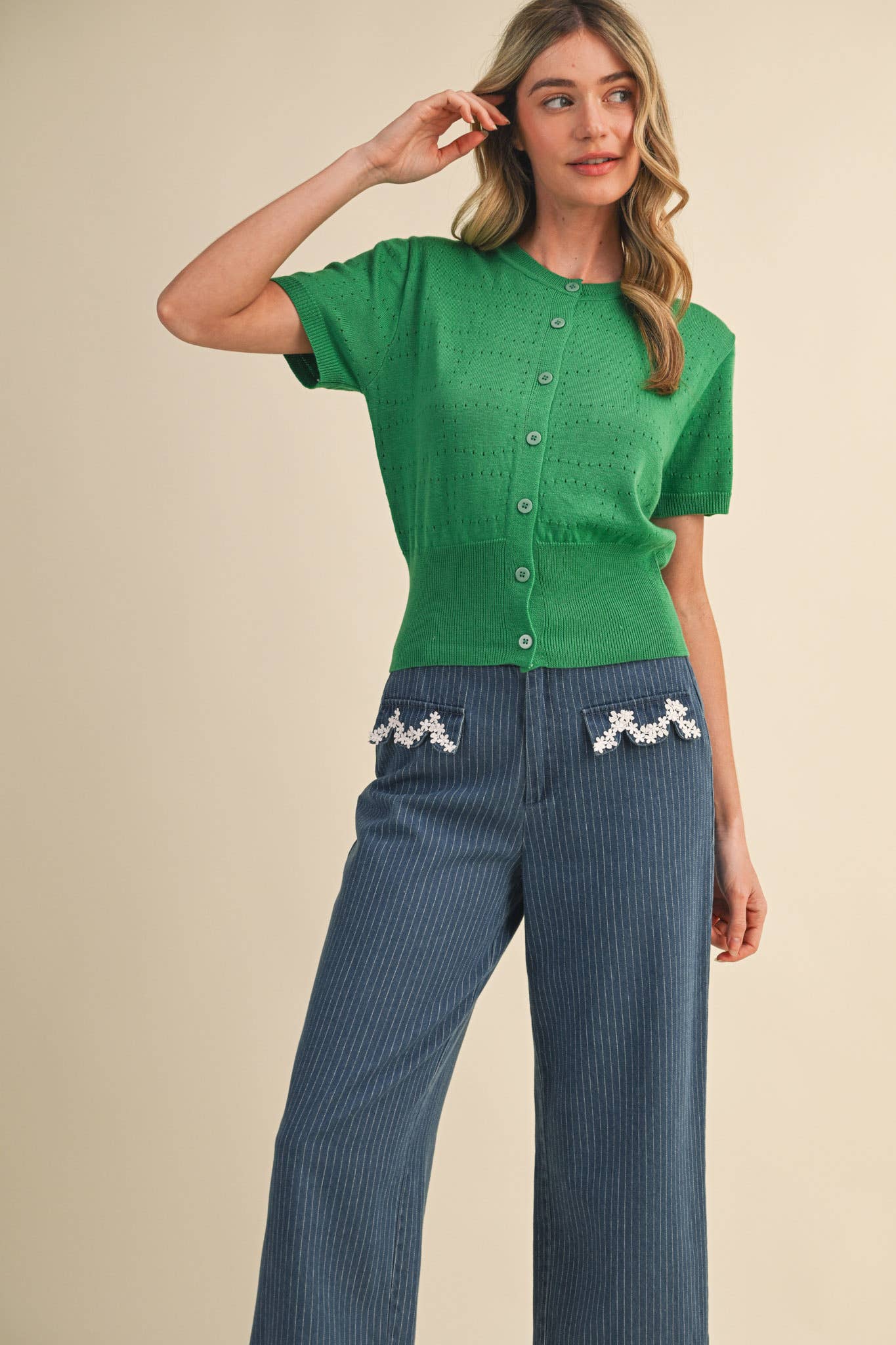 POINTELLE KNIT SHORT SLEEVE SWEATER CARDIGAN MSW11333
