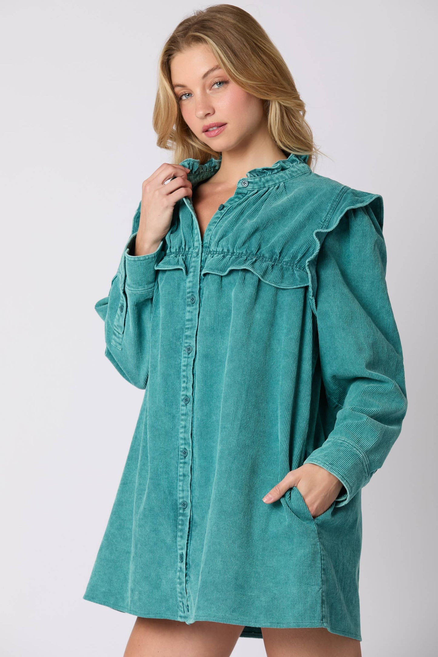 Mineral Washed Corduroy Ruffle Detail Dress - Preorders