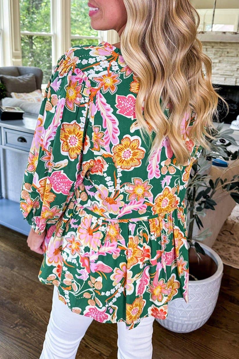 Floral Tied V-Neck 3/4 Sleeve Blouse Plus Size