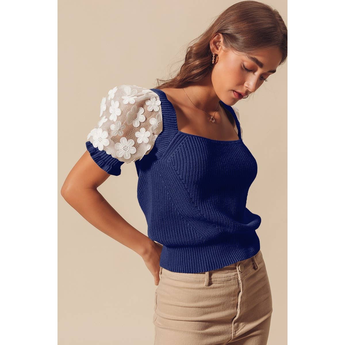 FLORAL LACE PUFF SLEEVE SQUARE NECK KNIT SWEATER