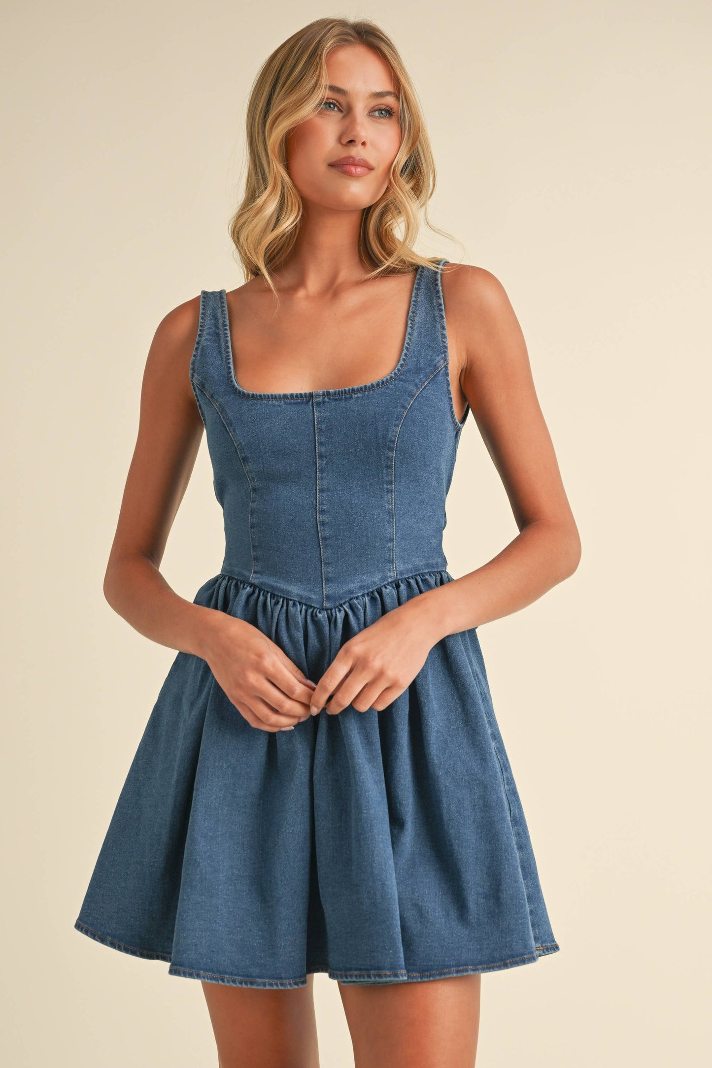 ID8595 DENIM BACK BOW CHEVRON WAIST FLARED MINI DRESS