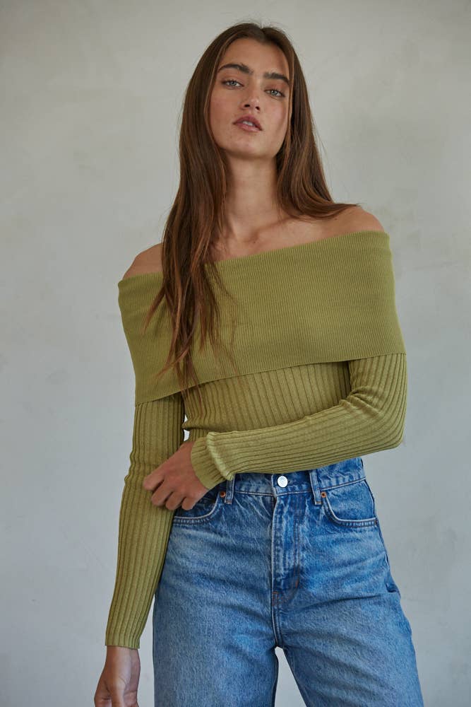 W1695 | Knit Sweater Ribbed Foldover Off The Shoulder Top