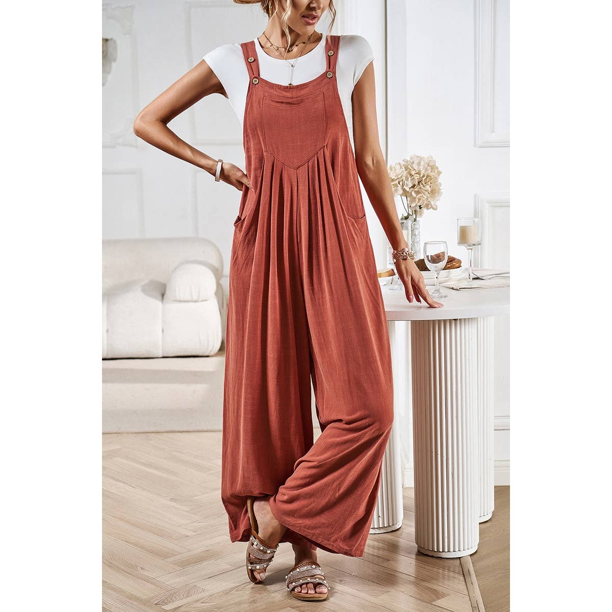 Solid Wide Leg Pocketed Shoulder Tie Overalls