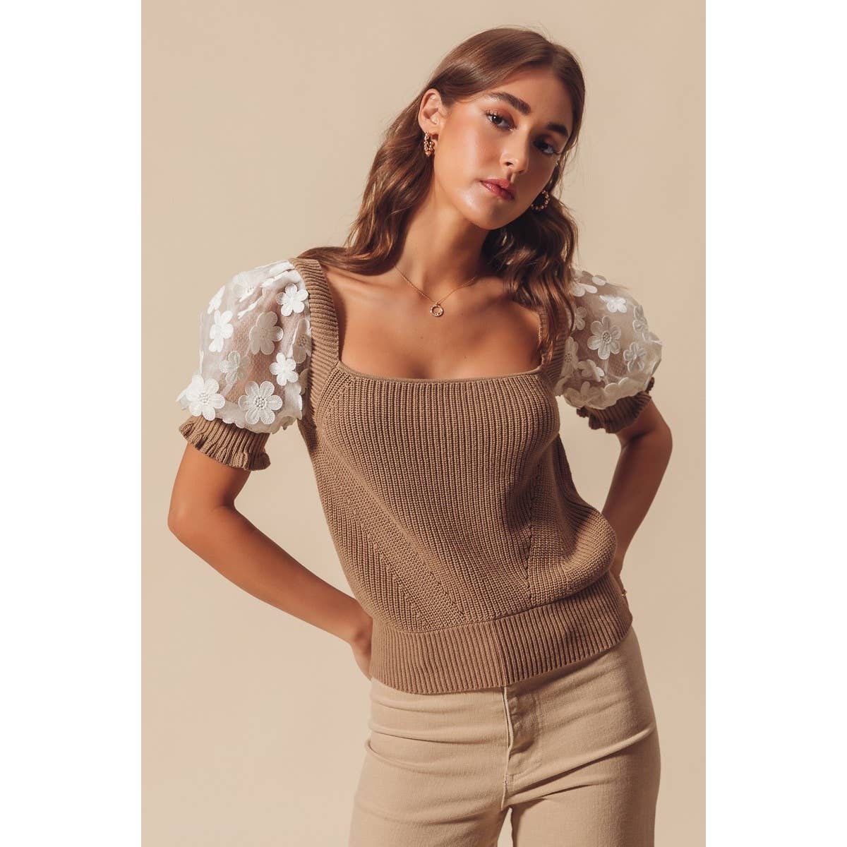 FLORAL LACE PUFF SLEEVE SQUARE NECK KNIT SWEATER